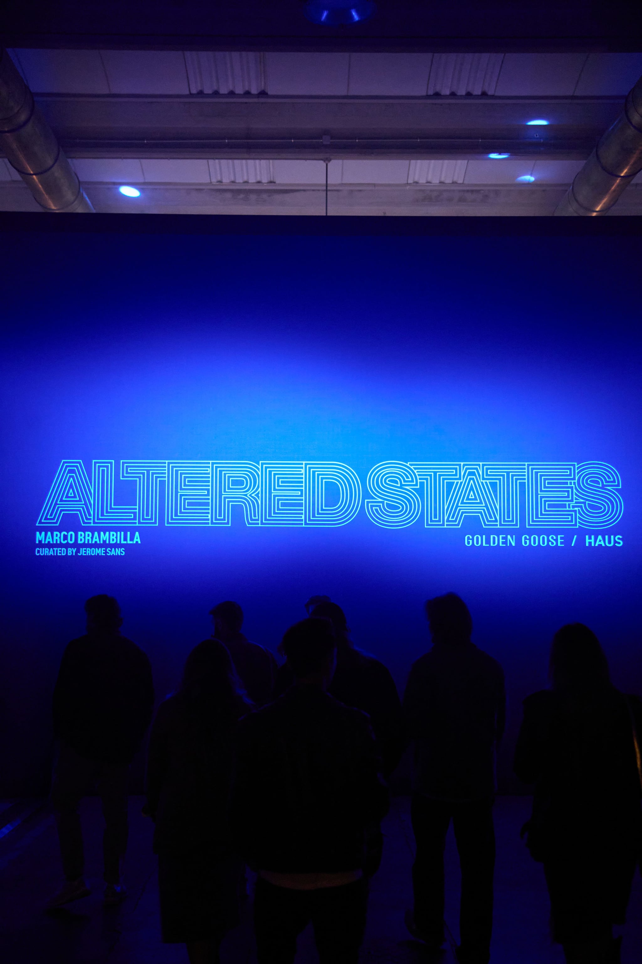 Audience silhouetted against bright blue screen reading ALTERED STATES at Venice event